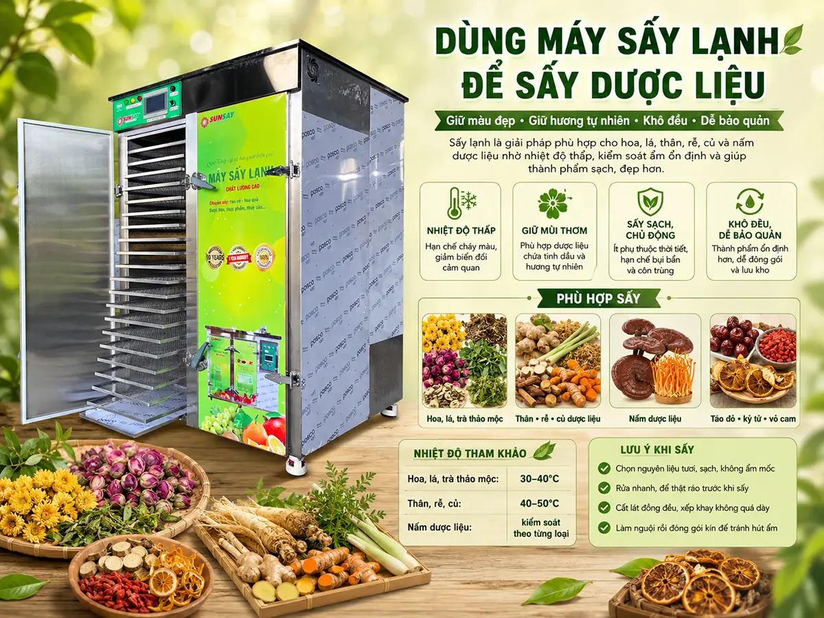 Có thể dùng máy sấy lạnh để sấy dược liệu nhằm giữ màu sắc, mùi thơm và chất lượng tự nhiên của nguyên liệu tốt hơn.