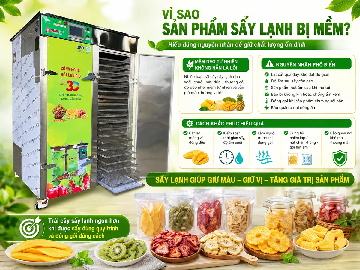 Vì sao sản phẩm sấy lạnh bị mềm không phải lúc nào cũng do lỗi sấy, vì nhiều loại trái cây sấy lạnh thường cho thành phẩm dẻo tự nhiên theo đúng đặc tính nguyên liệu.