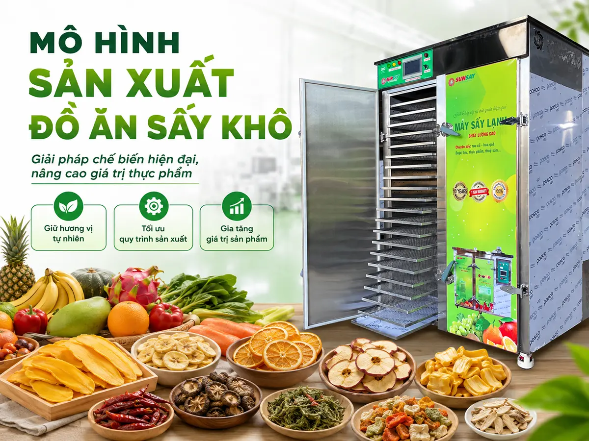 Mô hình sản xuất đồ ăn sấy khô cần được bố trí theo quy trình một chiều, bảo đảm vệ sinh và thuận tiện vận hành.