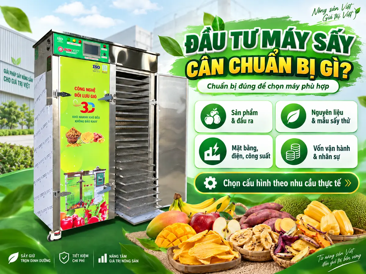 Đầu tư máy sấy cần chuẩn bị gì? Xác định nguyên liệu, yêu cầu thành phẩm và quy mô sản xuất trước khi chọn máy.