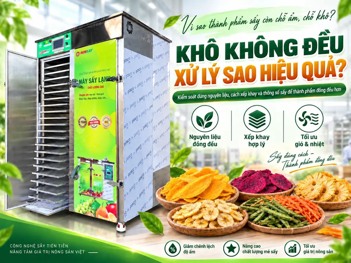 Nguyên nhân sản phẩm sấy không khô đều thường liên quan đến đầu vào, kích thước, tải khay, luồng khí hoặc điểm kết thúc mẻ. Hướng dẫn khoanh vùng theo vị trí.