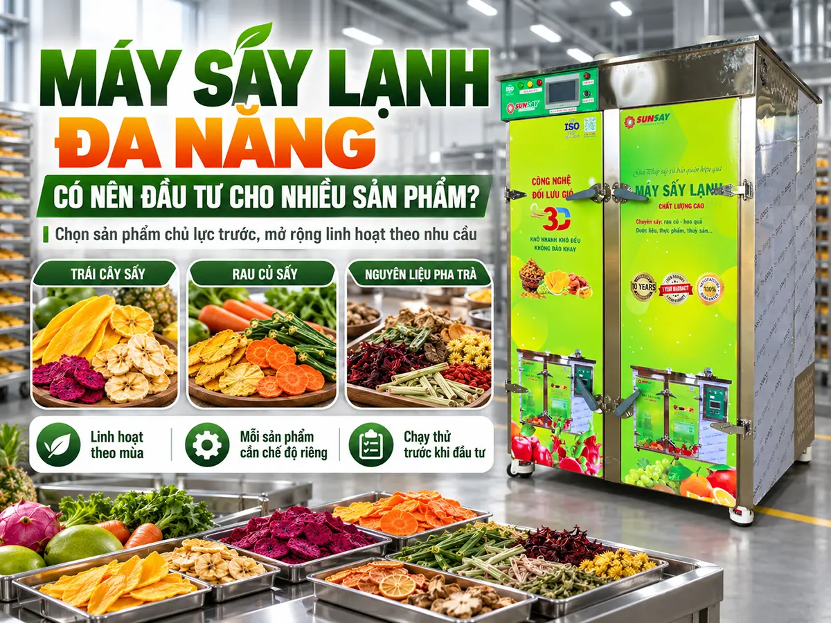 Có nên mua máy sấy lạnh đa năng khi muốn chế biến nhiều loại nông sản? Cần đánh giá sản phẩm chủ lực, công suất và yêu cầu thành phẩm trước khi đầu tư.