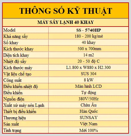 Thông số kỹ thuật máy sấy lạnh 40 khay sấy hải sản SS-5740HP